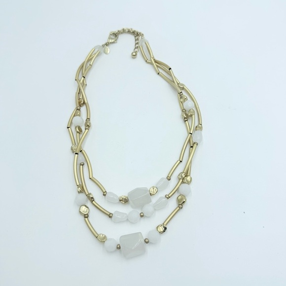 Chico’s Layered Matte Gold-Tone Necklace with Milky Quartz & Wavy Tube Chain - Picture 3 of 7
